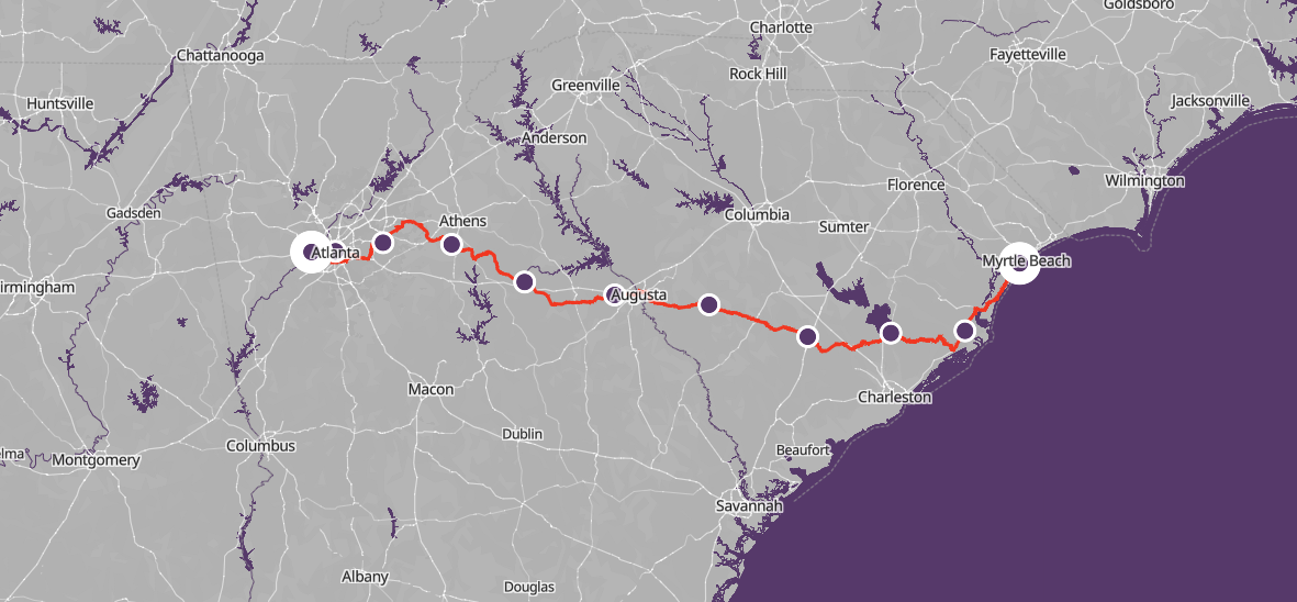 Map of South Carolina and Georgia showing planned dark fiber route