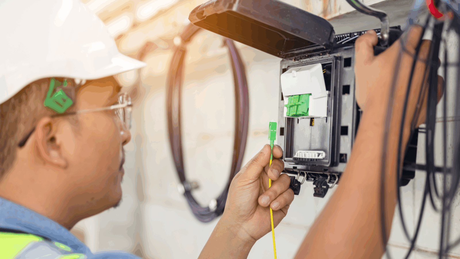A fiber technician connects broadband internet service outside a home