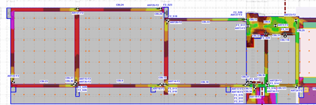A map of part of the customer's data center showing wireless coverage gaps as part of the intial project assessment